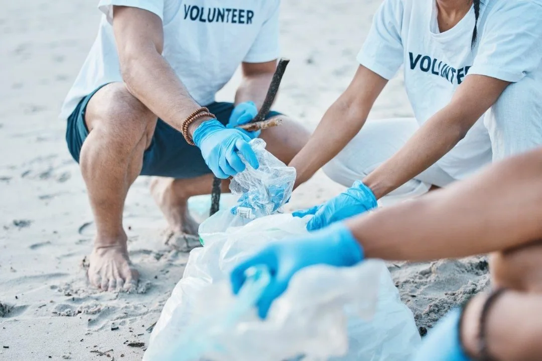 Photo of people picking up litter on the beach